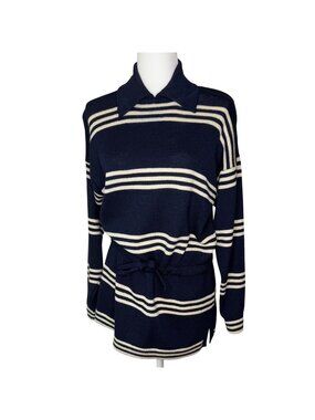 Vintage St. John Navy Striped Knit Collared Waist Tie Sweater Top Small